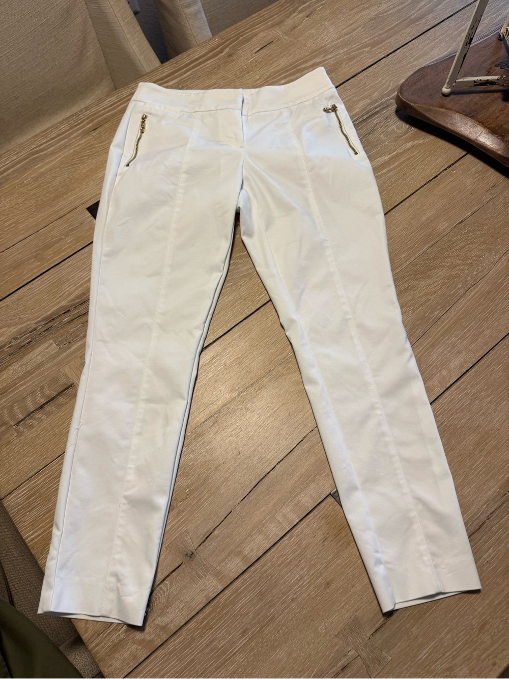 bebe White Cropped Slim Ankle Jeans with Gold Zippers